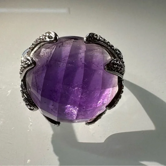 925 Sterling Silver Royal Purple Amethyst Cocktail Ring Size 9 Checkerboard Cut - Picture 4 of 9